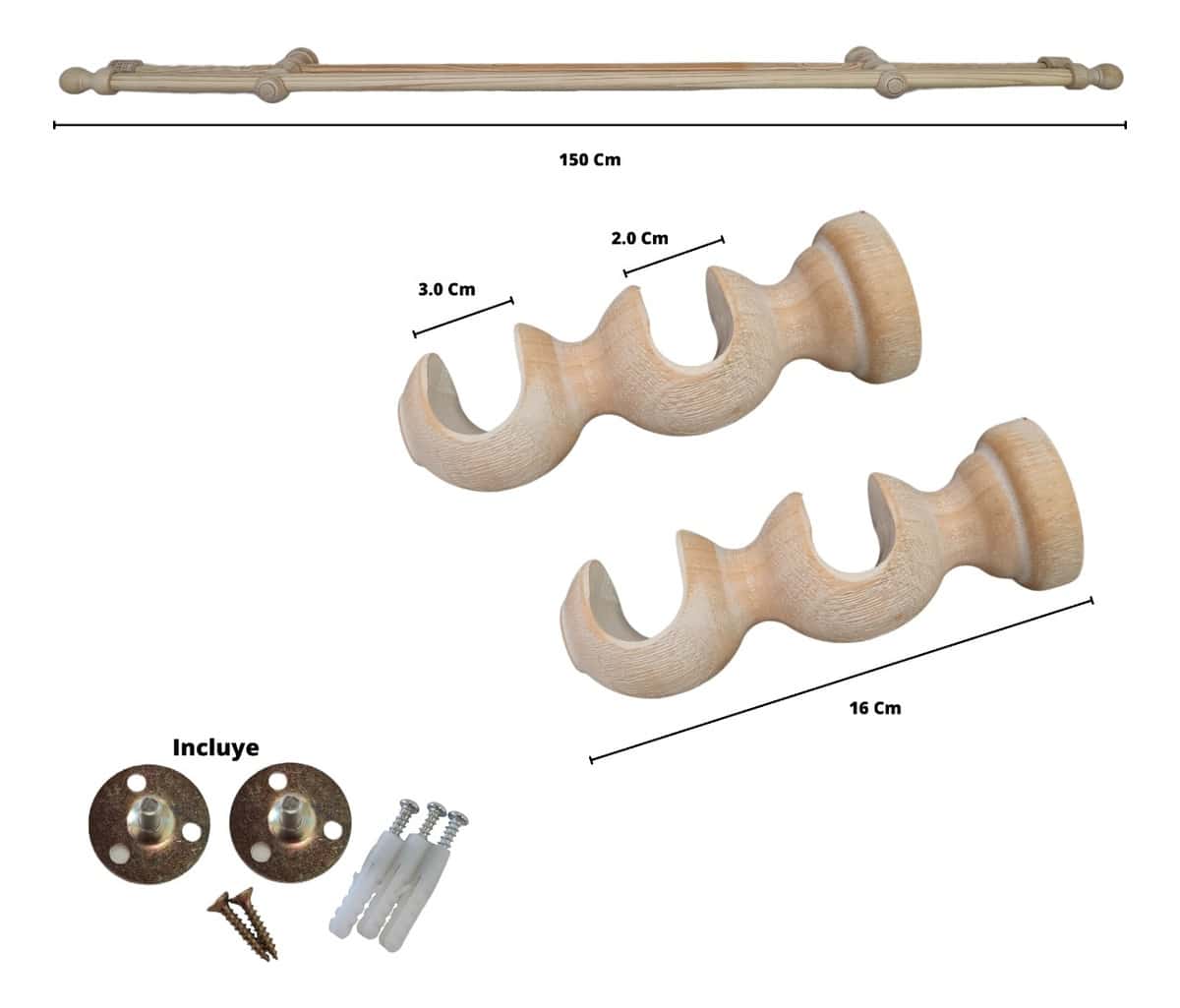Set Barras para Cortina Doble 22/25 Mm de Madera 1,50 Mt Color Albayalde Blanco - Imagen 3