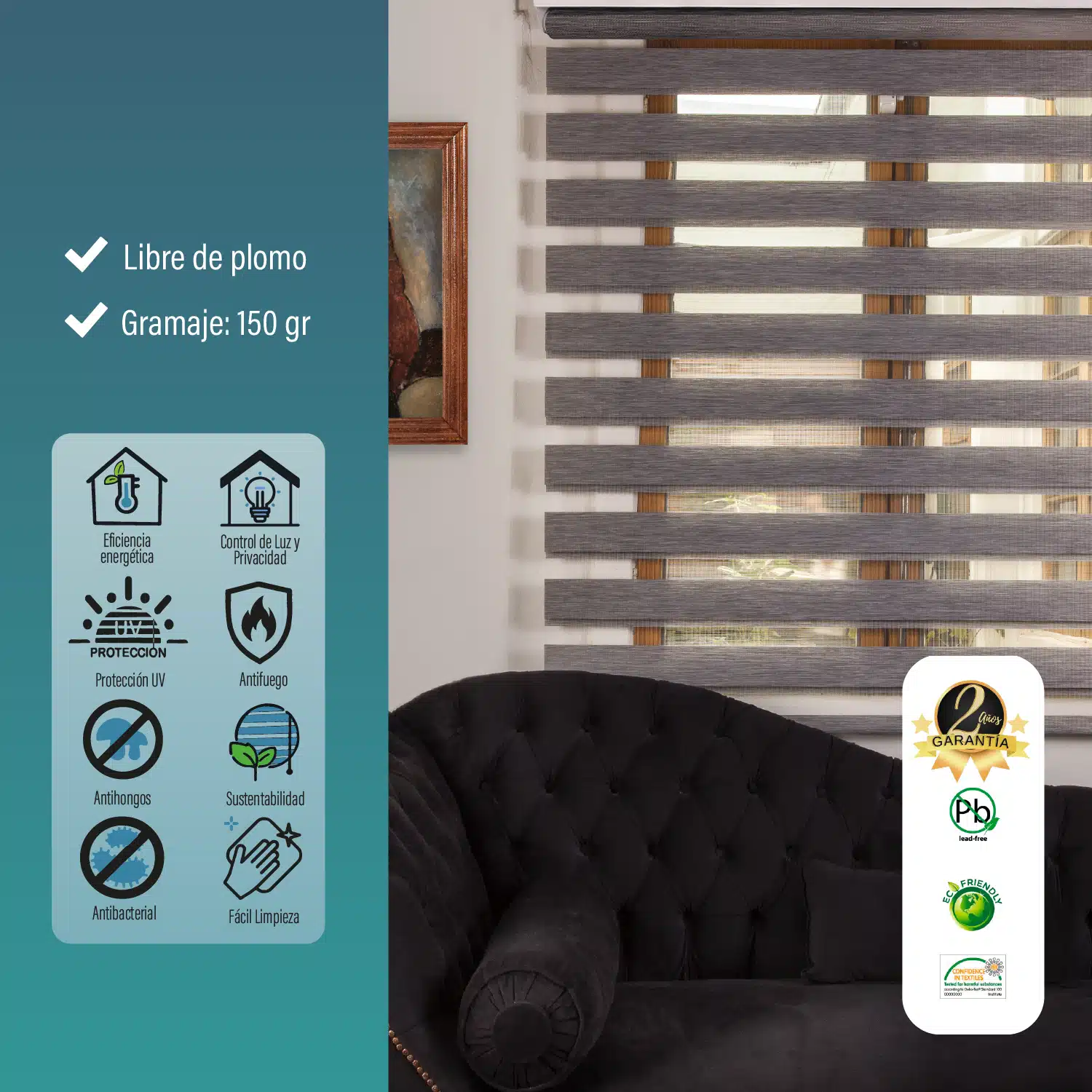 Cortina Roller Duo Zebra Día y Noche Gris 90 X 165 Cm Sin Cenefa Sunfree - Imagen 5