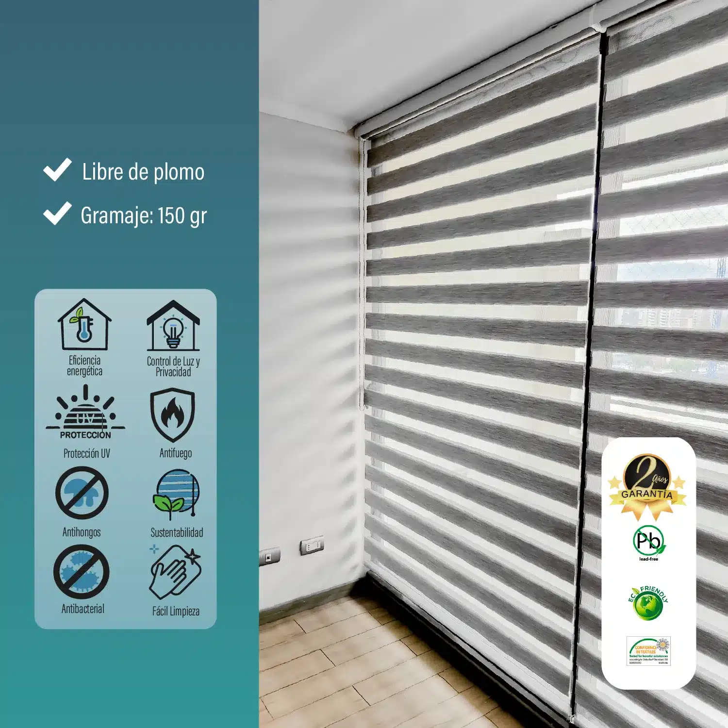 Cortina Roller Duo Zebra Día Y Noche Gris 90 X 250 Cm Sunfree - Imagen 5