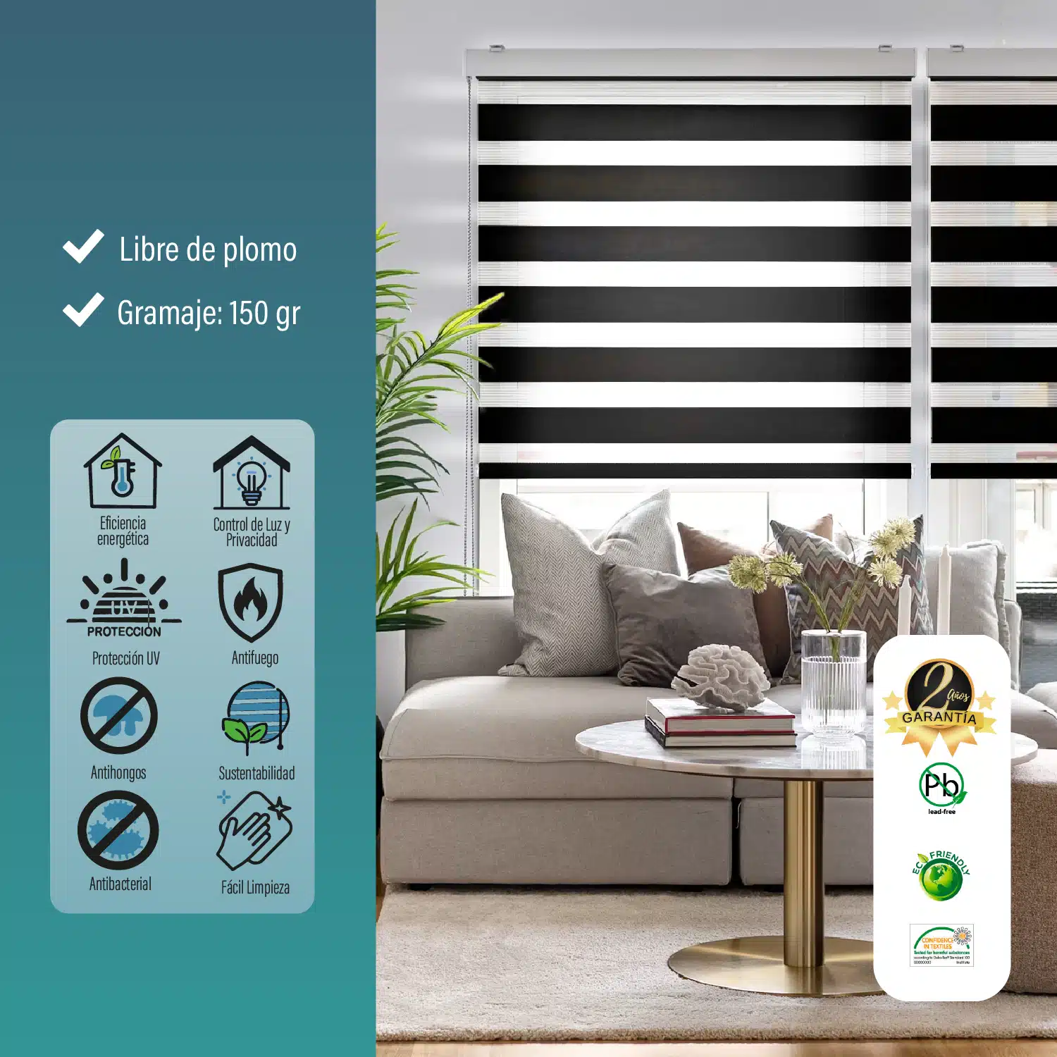 Cortina Roller Duo Zebra Día Y Noche Negro 90 X 250 Cm Sunfree - Imagen 5