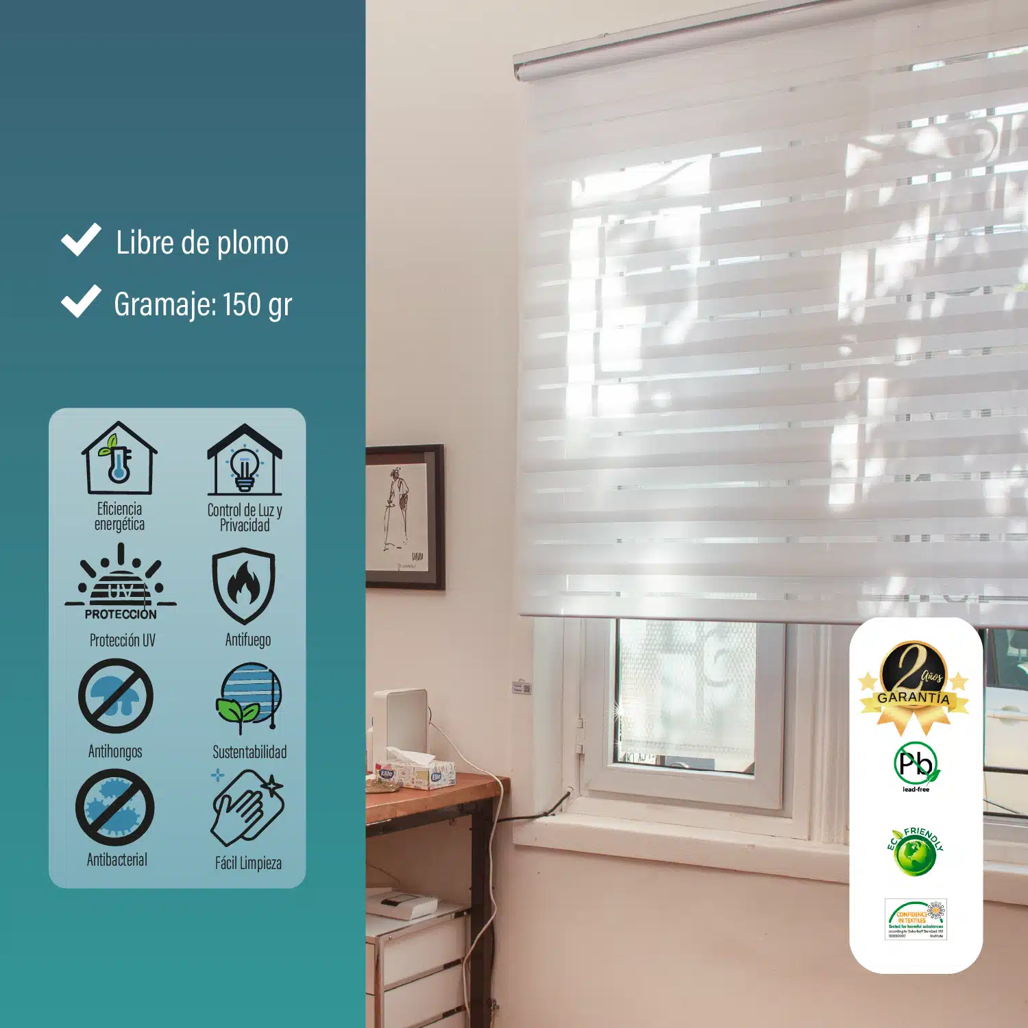 Cortina Roller Duo Zebra Día Y Noche Blanco 120 X 165 Cm Sin Cenefa Sunfree - Imagen 5