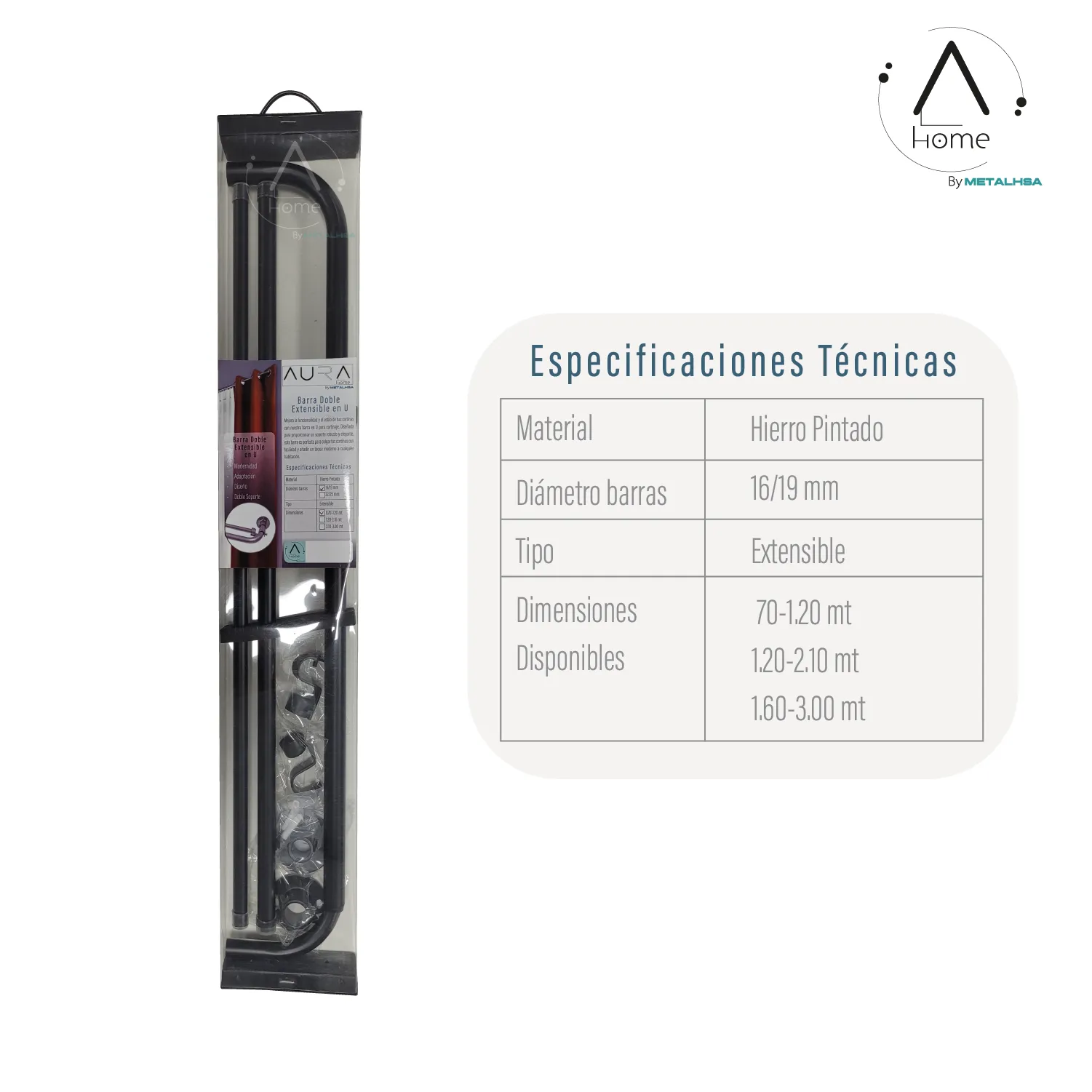 Set Barras para Cortina Doble 16/19 Mm Extensible Curvo 70 a 120 Cm Color Negro - Imagen 7