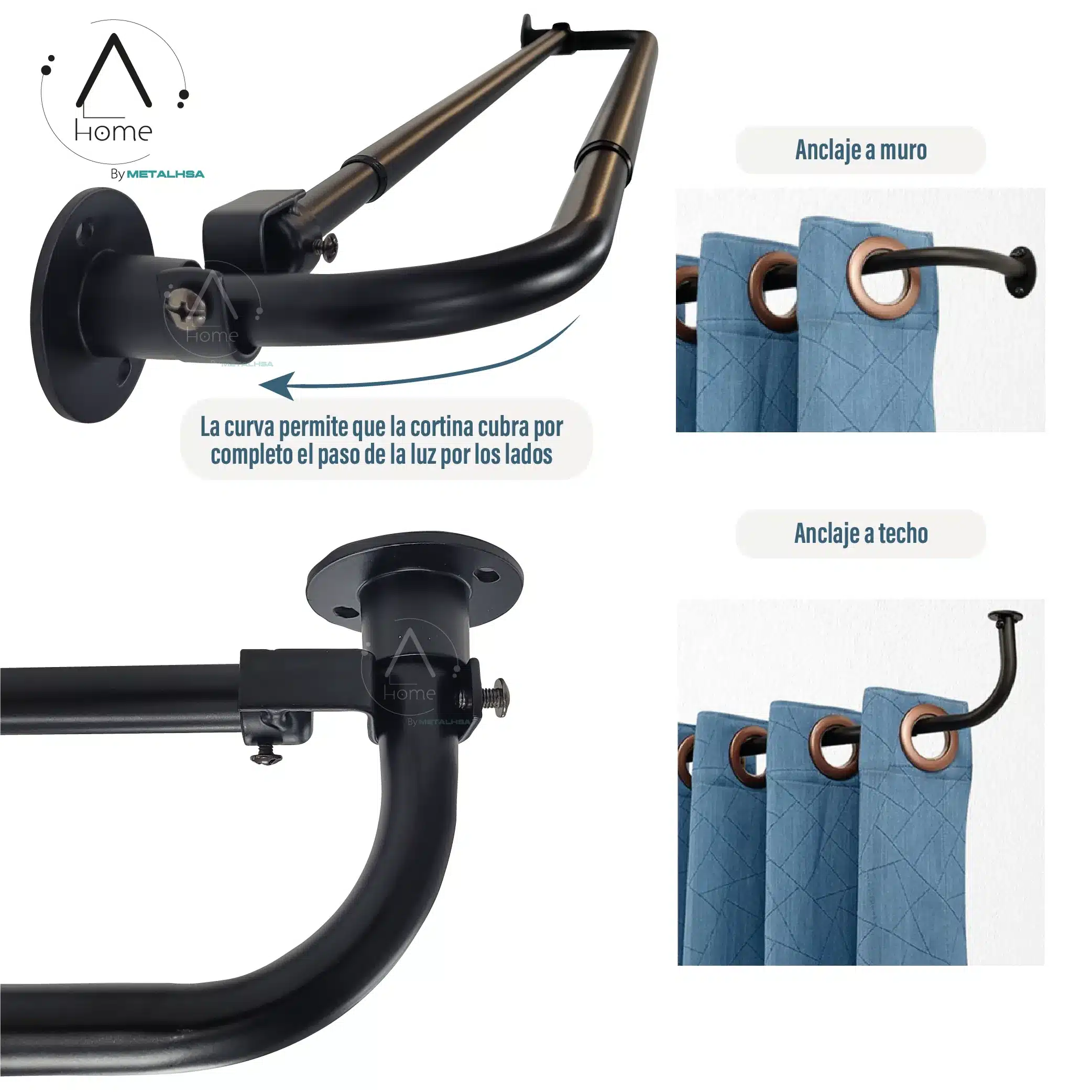 Set Barras para Cortina Doble 16/19 Mm Extensible Curvo 70 a 120 Cm Color Negro - Imagen 4