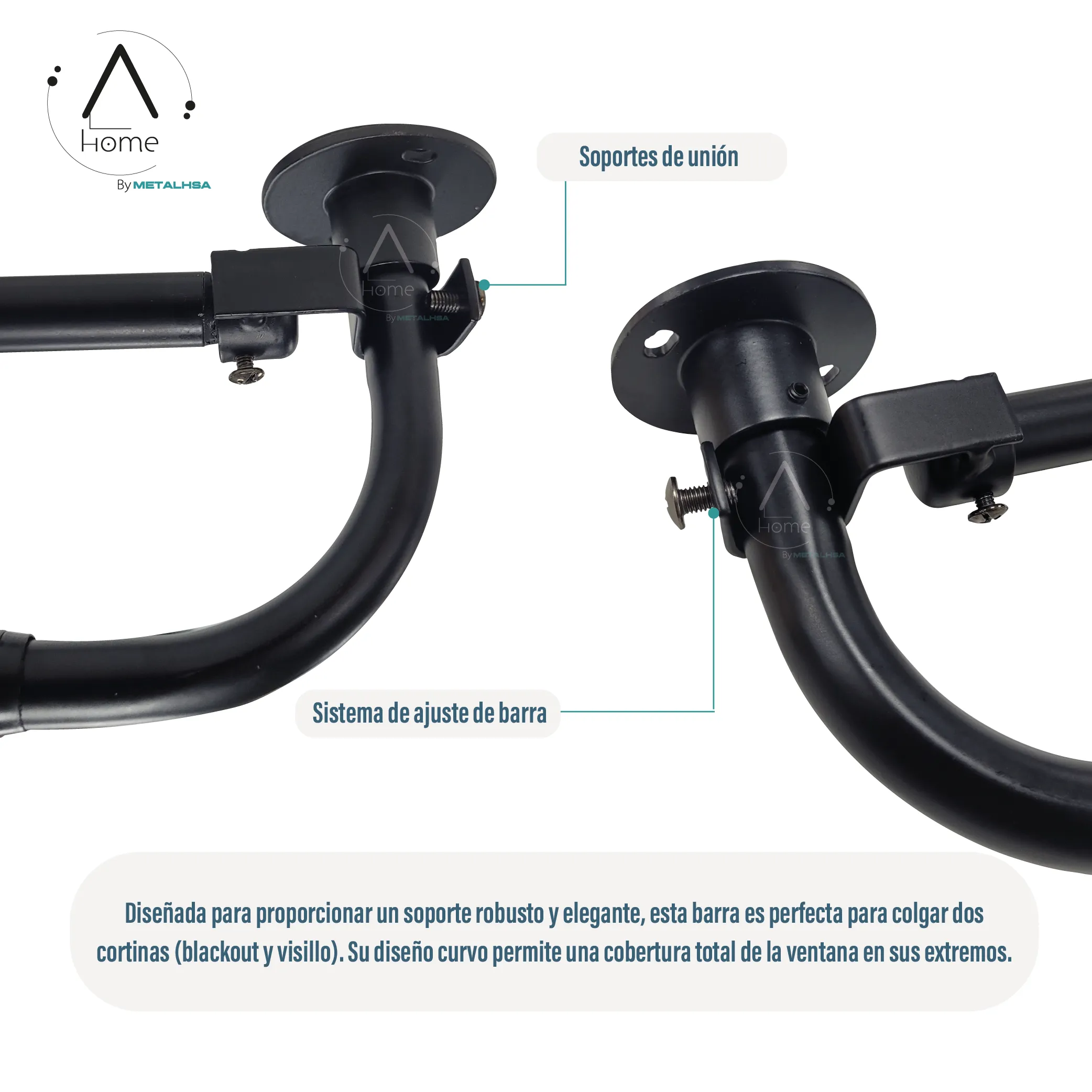 Set Barras para Cortina Doble 16/19 Mm Extensible Curvo 70 a 120 Cm Color Negro - Imagen 5