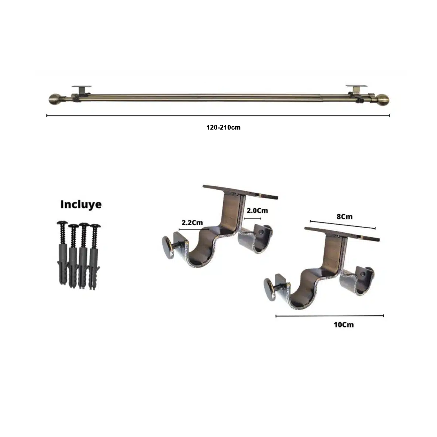 Set Barras para Cortina Doble 16/19 Mm Extensible 120-210 Cm A Techo Bronce Bola - Imagen 2