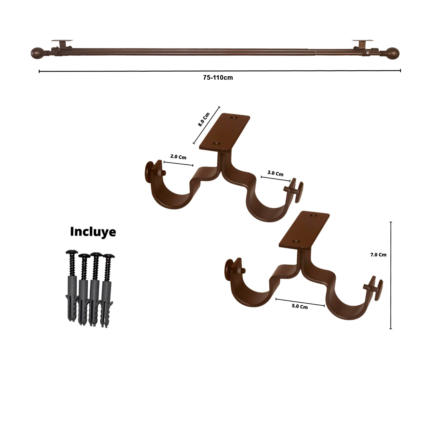 Set Barras para Cortina Doble 16/19 Mm Extensible 75-110 Cm A Techo Café Bola - Imagen 2