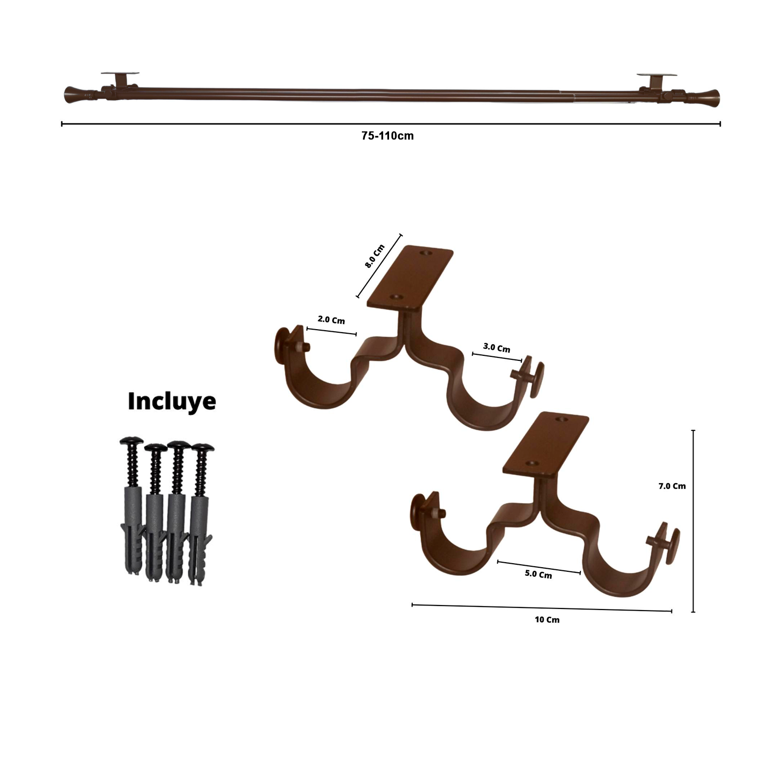 Set Barras para Cortina Doble 16/19 Mm Extensible 75-110 Cm A Techo Café Cónico - Imagen 2