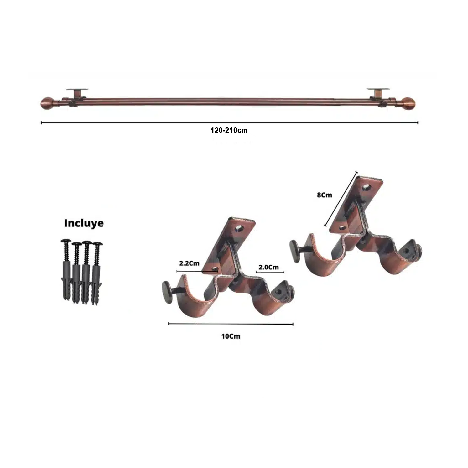 Set Barras para Cortina Doble 16/19 Mm Extensible 120-210 Cm A Techo Cobre Bola - Imagen 2