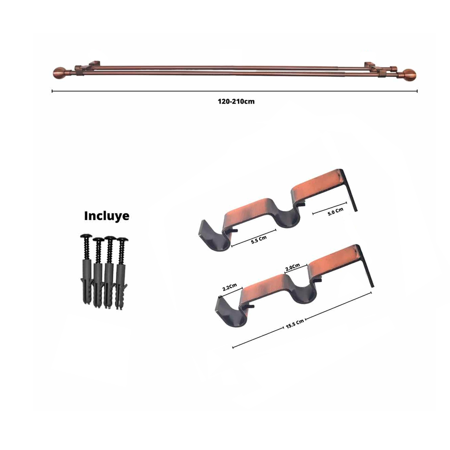 Set Barras para Cortina Doble 16/19 Mm Extensible 120-210 Cm A Muro Cobre Bola - Imagen 2