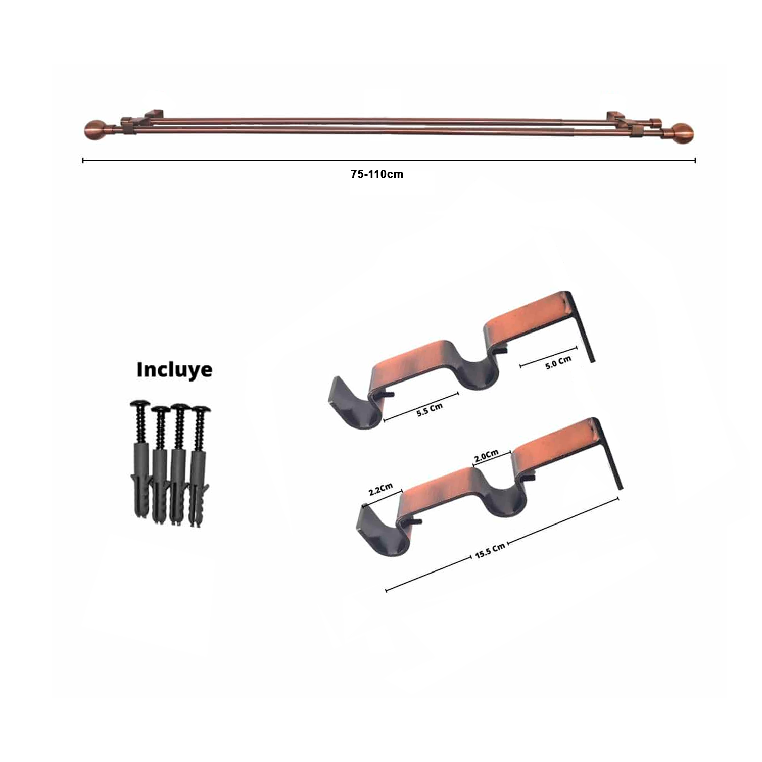 Set Barras para Cortina Doble 16/19 Mm Extensible 75-110 Cm A Muro Cobre Bola - Imagen 2