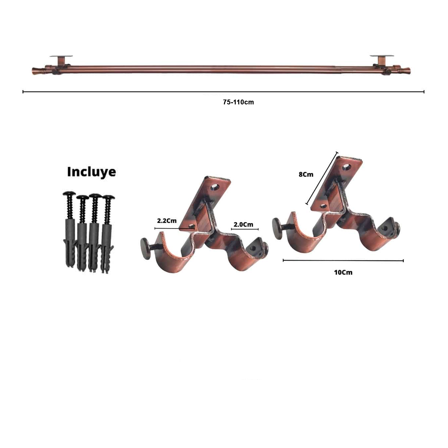 Set Barras para Cortina Doble 16/19 Mm Extensible 75-110 Cm A Techo Cobre Cónico - Imagen 2