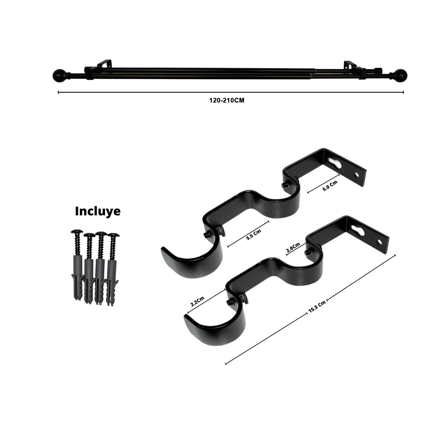 Set Barras para Cortina Doble 16/19 Mm Extensible 120-210 Cm A Muro Negro Bola - Imagen 2