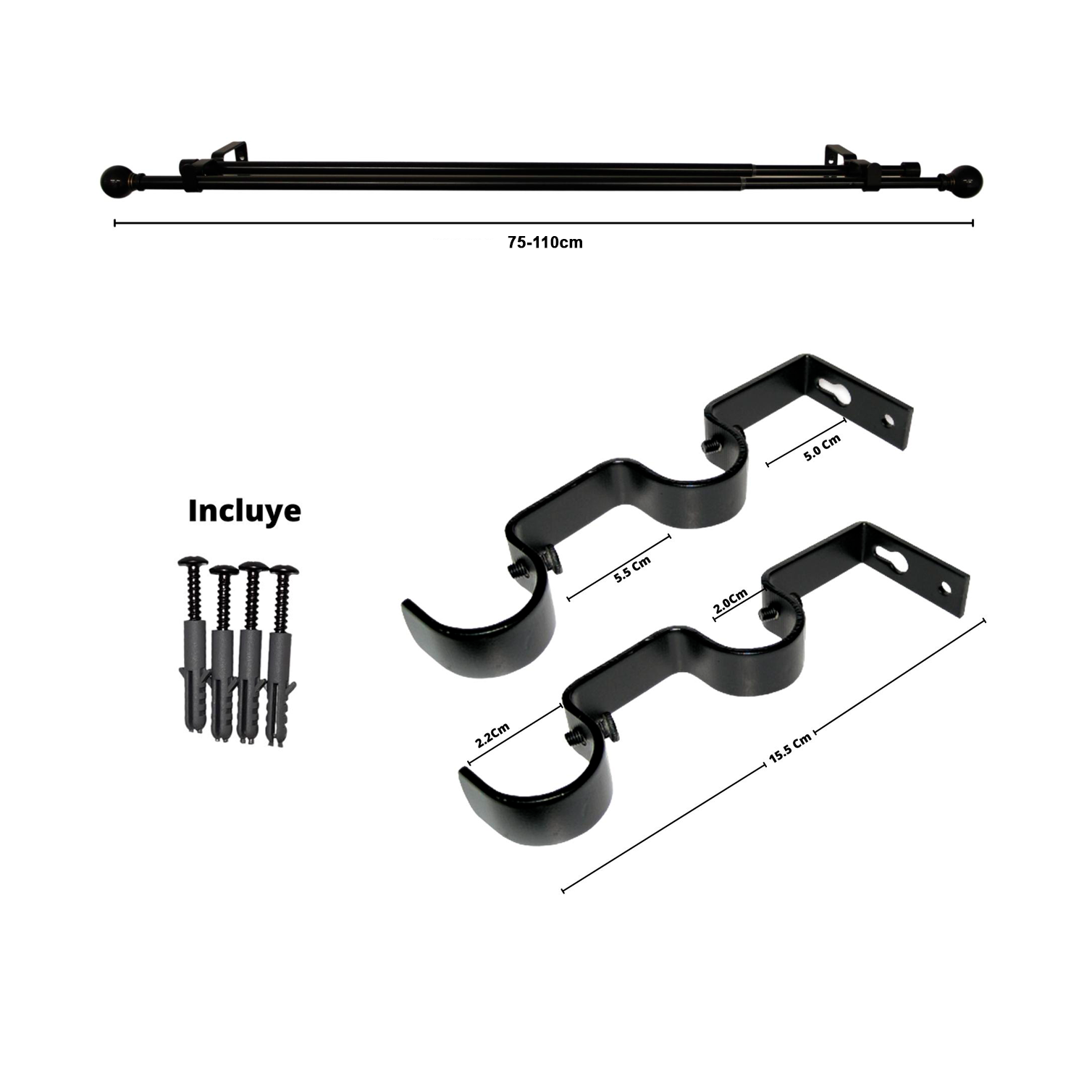 Set Barras para Cortina Doble 16/19 Mm Extensible 75-110 Cm A Muro Negro Bola - Imagen 2