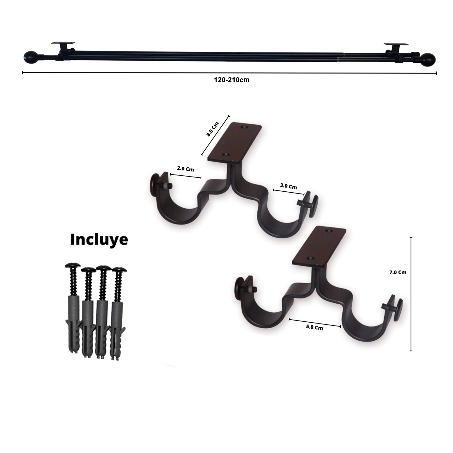 Set Barras para Cortina Doble 16/19 Mm Extensible 120-210 Cm A Techo Negro Bola - Imagen 2