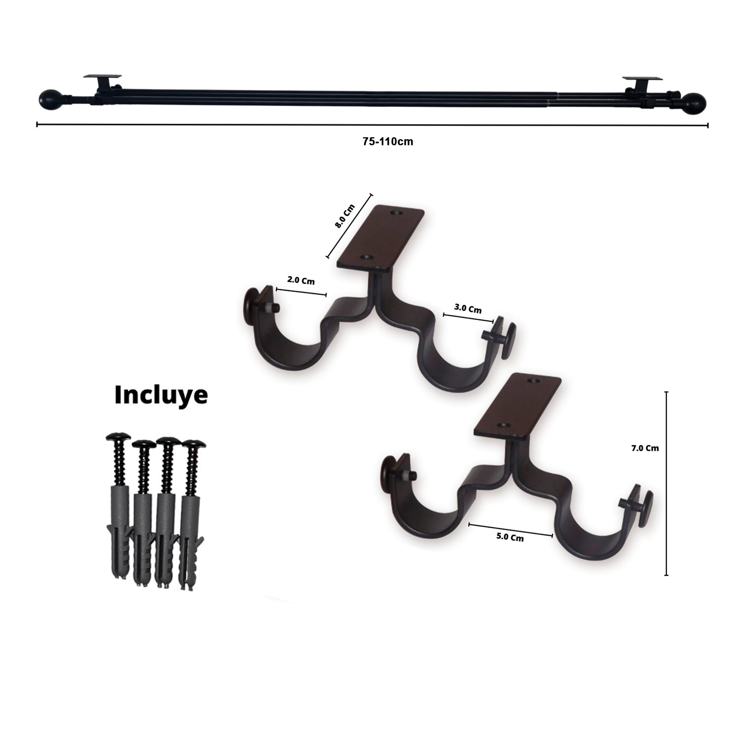 Set Barras para Cortina Doble 16/19 Mm Extensible 75-110 Cm A Techo Negro Bola - Imagen 2