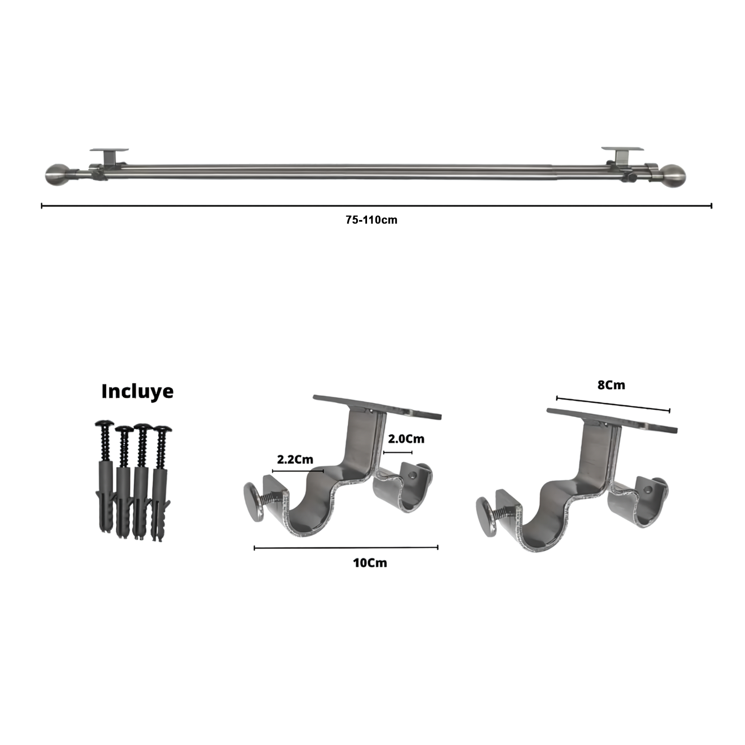 Set Barras para Cortina Doble 16/19 Mm Extensible 75-110 Cm A Techo Satín Bola - Imagen 2