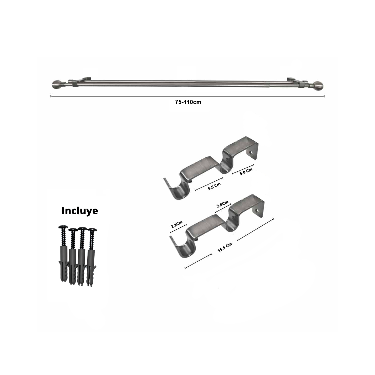 Set Barras para Cortina Doble 16/19 Mm Extensible 75-110 Cm A Muro Satín Bola - Imagen 2