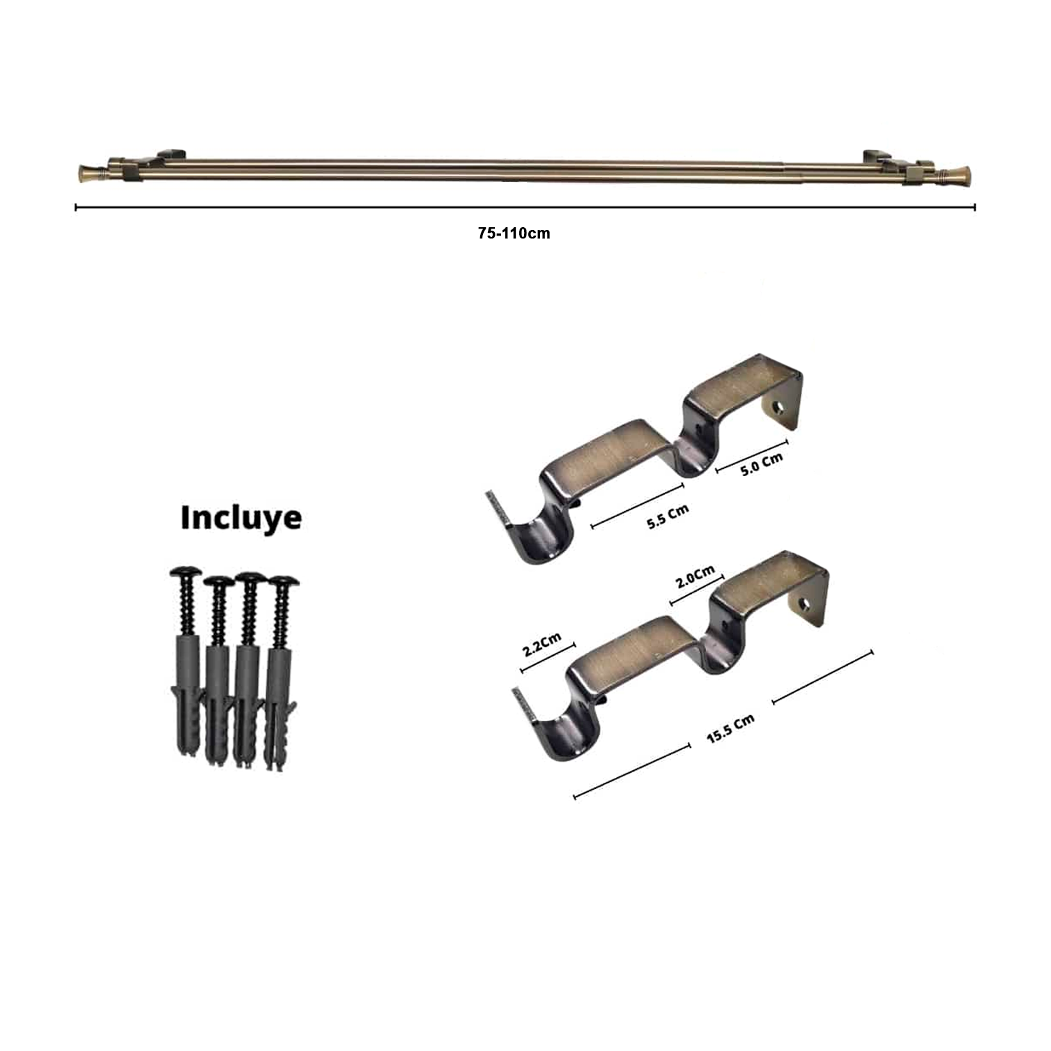 Set Barras para Cortina Doble 16/19 Mm Extensible 75-110 Cm A Muro Bronce Cónico - Imagen 2