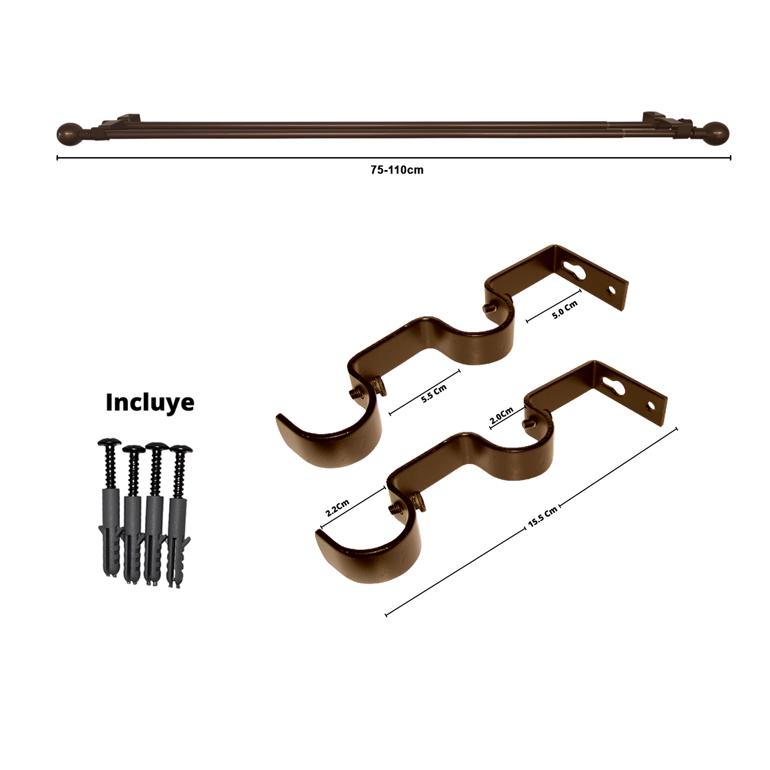 Set Barras para Cortina Doble 16/19 Mm Extensible 75-110 Cm A Muro Café Bola - Imagen 2