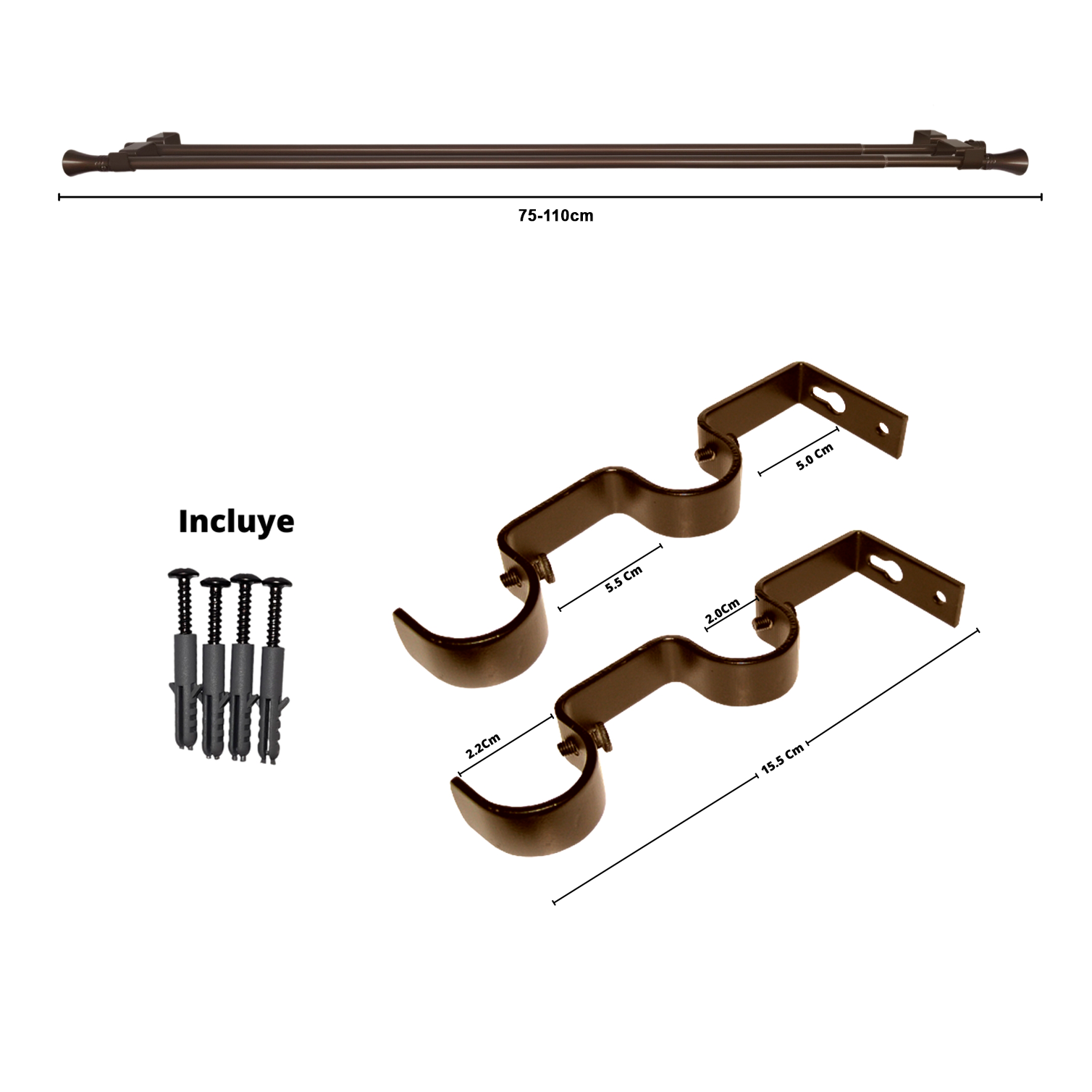 Set Barras para Cortina Doble 16/19 Mm Extensible 75-110 Cm A Muro Café Cónico - Imagen 2