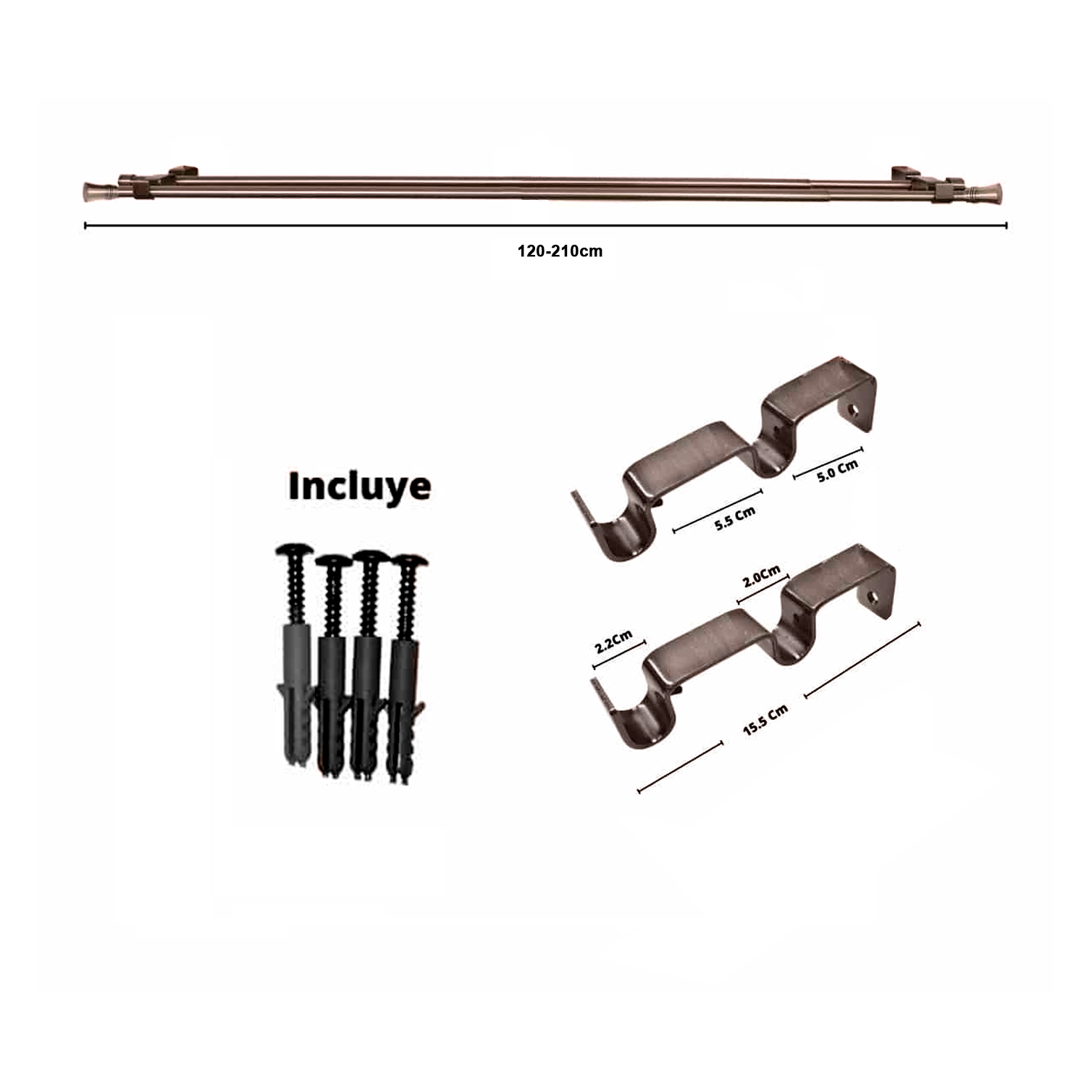 Set Barras para Cortina Doble 16/19 Mm Extensible 120-210 Cm A Muro Cobre Cónico - Imagen 2