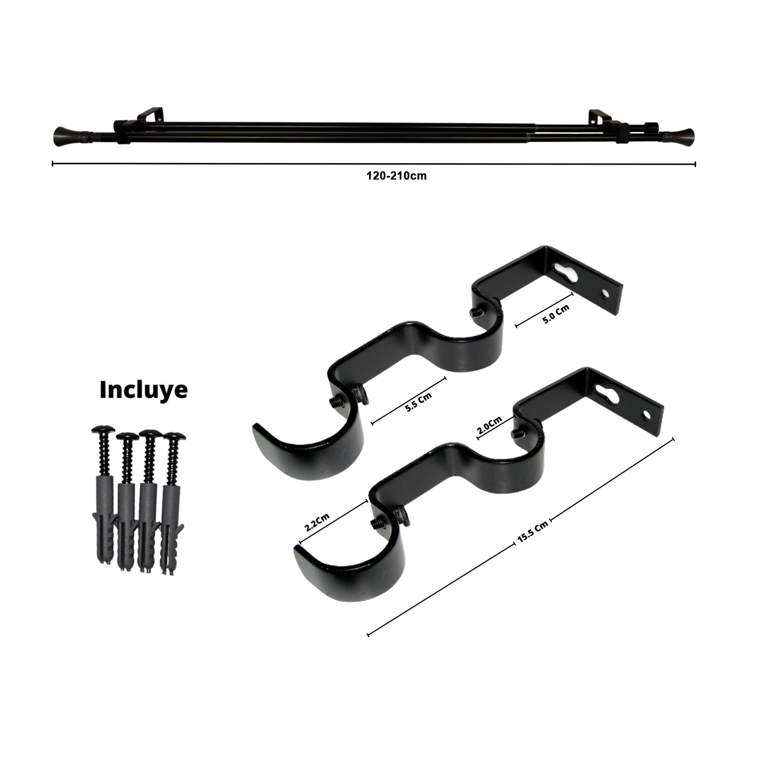 Set Barras para Cortina Doble 16/19 Mm Extensible 120-210 Cm A Muro Negro Cónico - Imagen 2