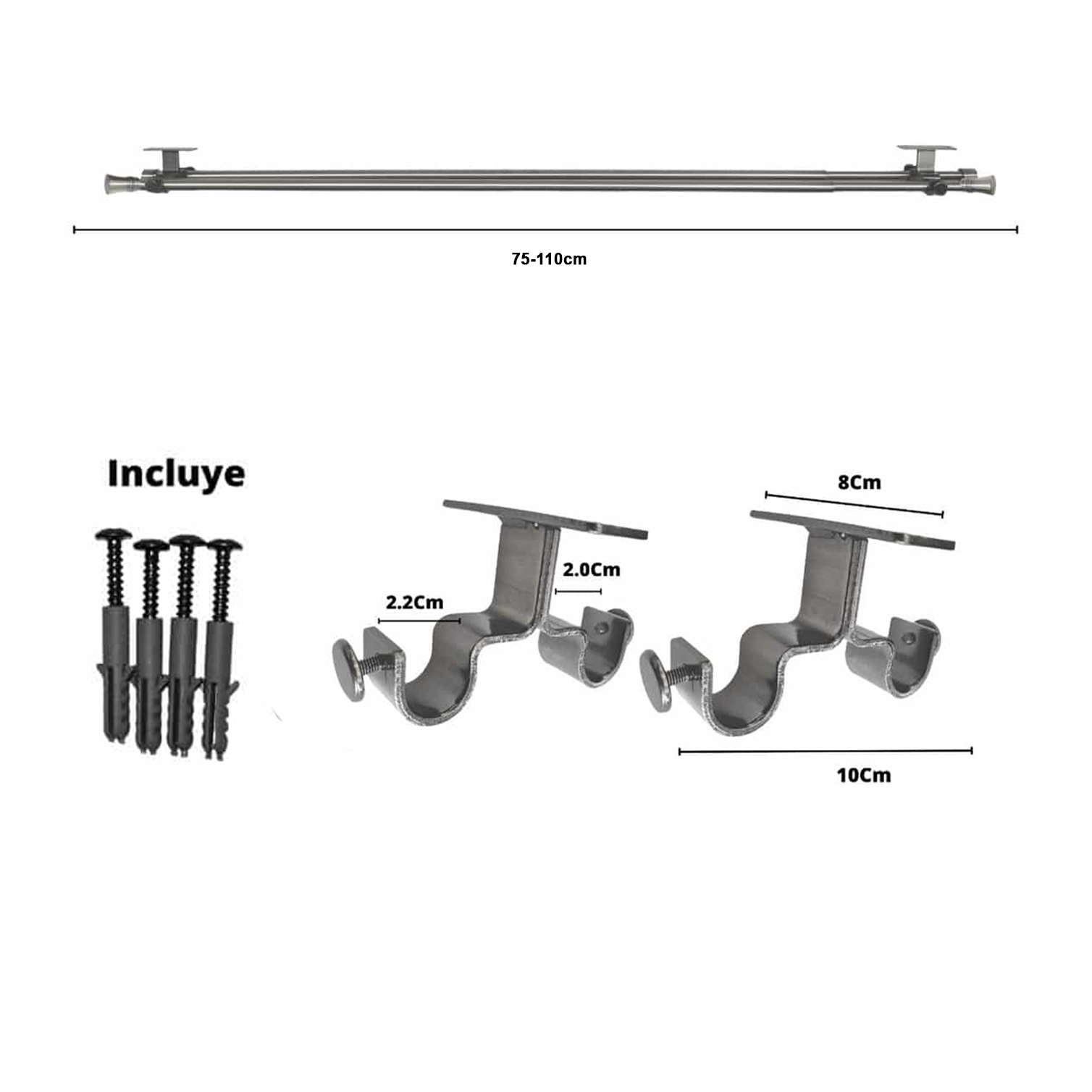 Set Barras para Cortina Doble 16/19 Mm Extensible 75-110 Cm A Techo Satín Cónico - Imagen 2
