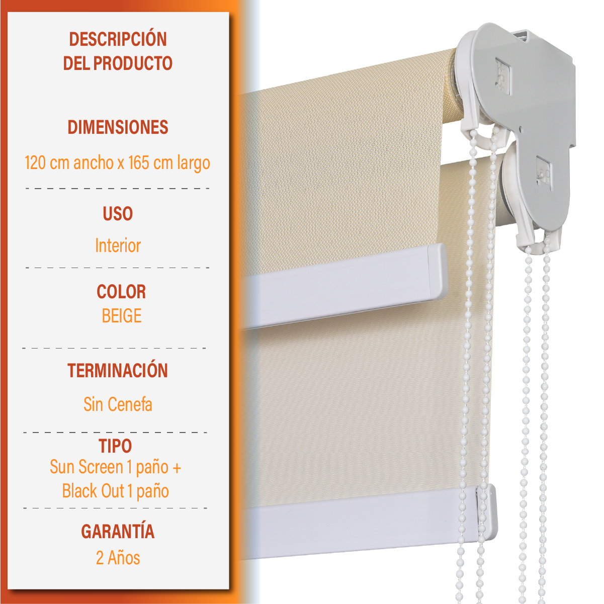 Cortina Roller Doble Blackout y Sunscreen 120 X 165 Cm Color Beige Marca Sunfree - Imagen 5