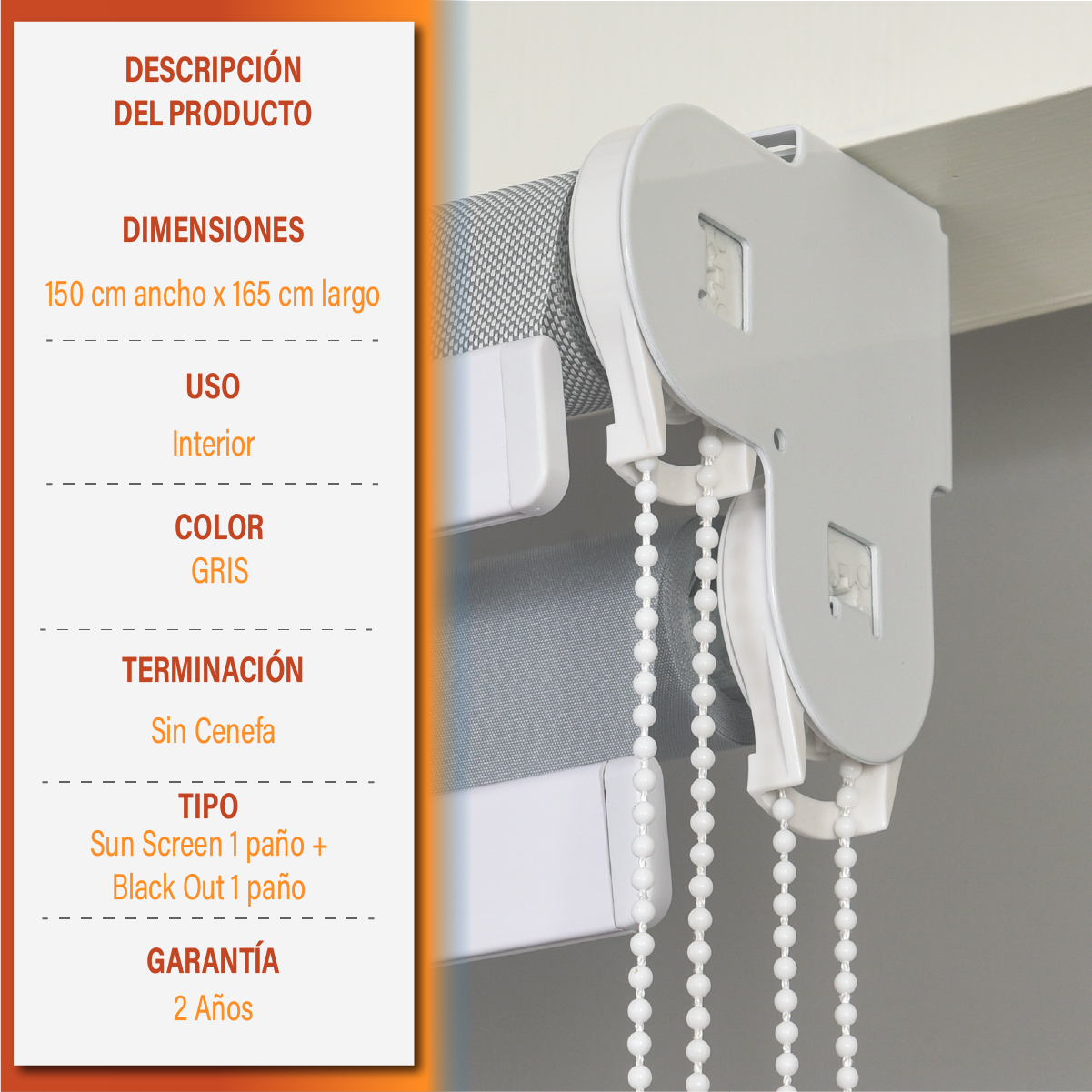 Cortina Roller Doble Blackout y Sunscreen 150 X 165 Cm Color Gris Marca Sunfree - Imagen 5