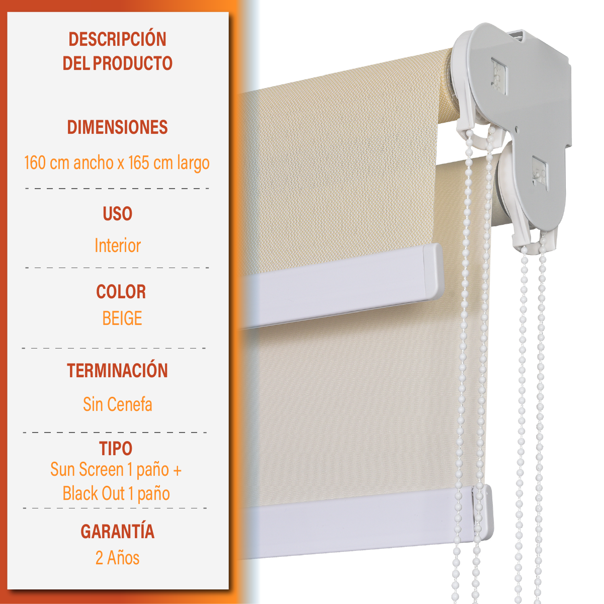 Cortina Roller Doble Blackout y Sunscreen 160 X 165 Cm Color Beige Marca Sunfree - Imagen 5