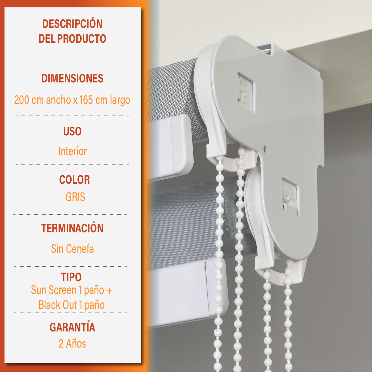 Cortina Roller Doble Blackout y Sunscreen 200 X 165 Cm Color Gris Marca Sunfree - Imagen 5