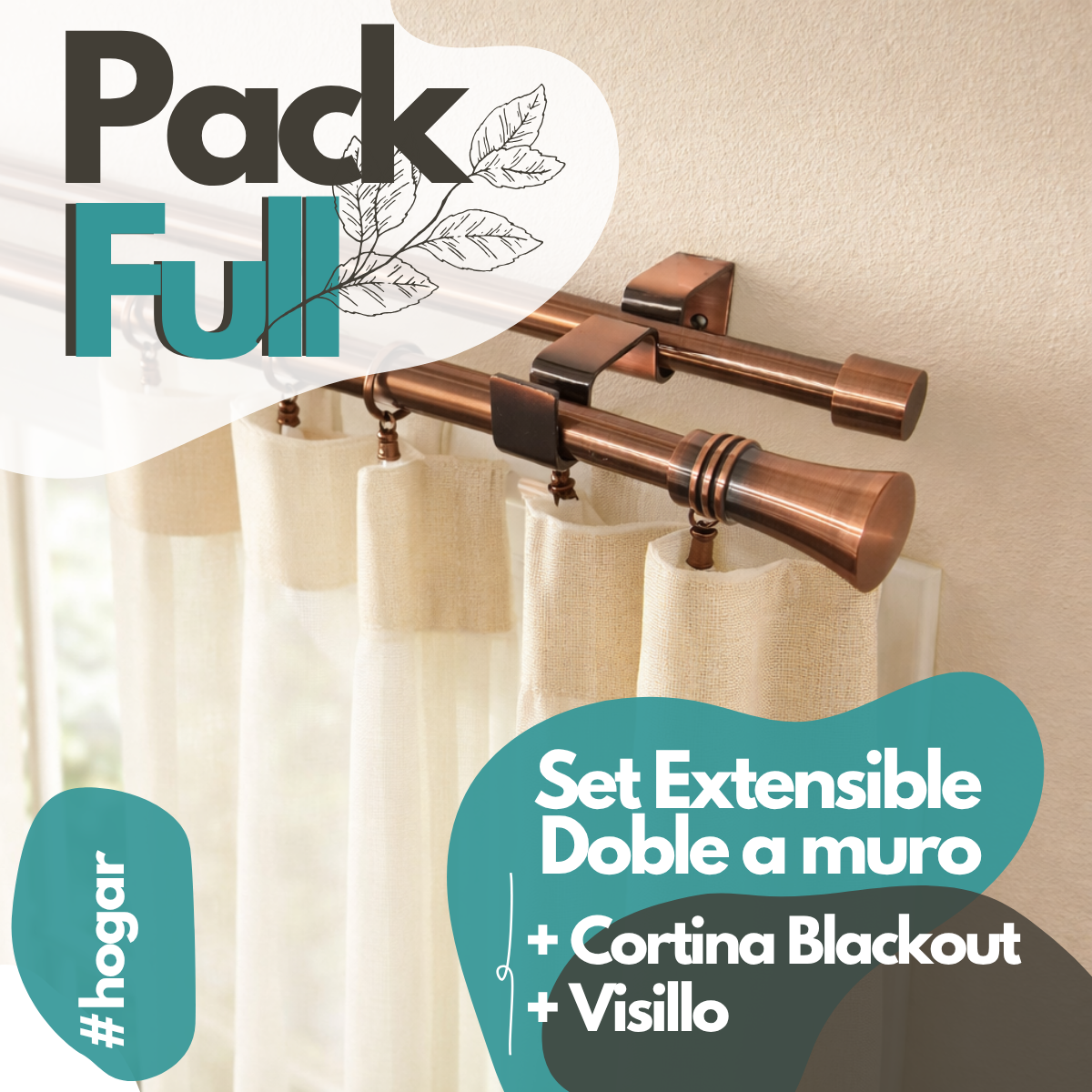 Set Barras para Cortina Doble 16/19 Mm Extensible 170-320 Cm A Muro Cobre Cónico + Cortina y Visillo