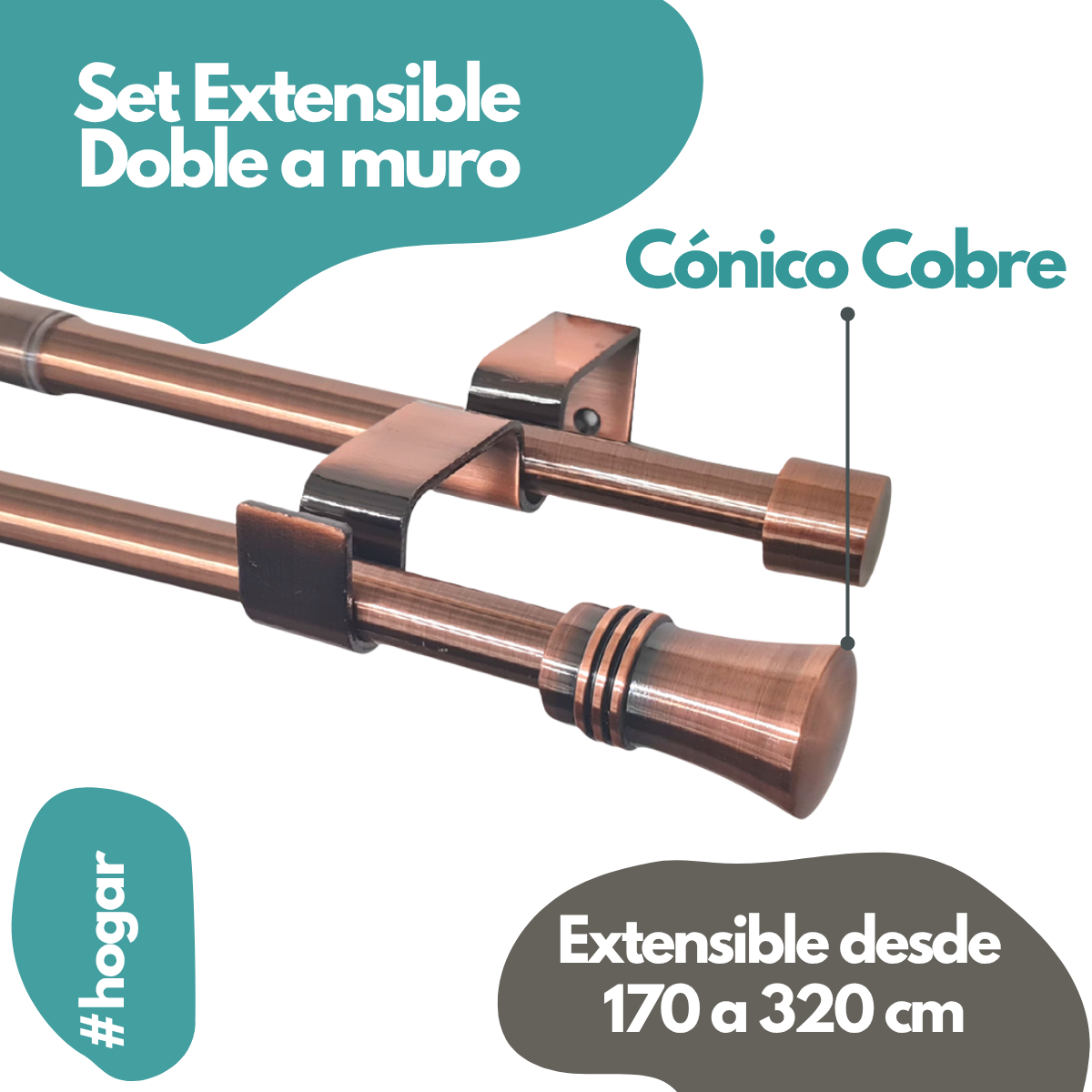 Set Barras para Cortina Doble 16/19 Mm Extensible 170-320 Cm A Muro Cobre Cónico + Cortina y Visillo - Imagen 3