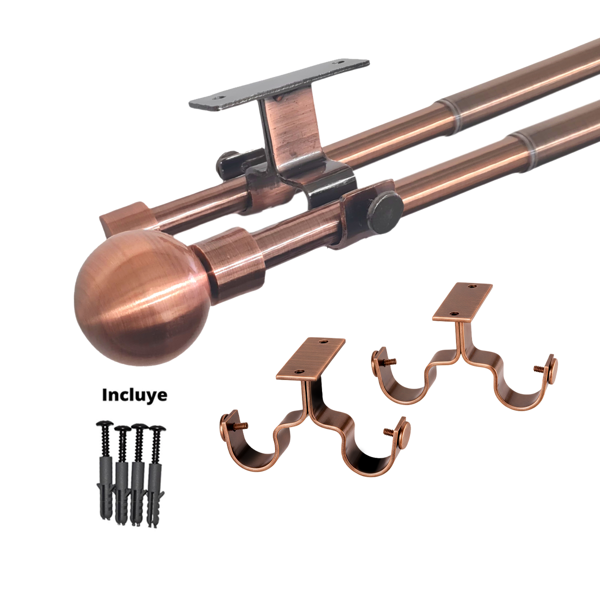 Set Barras para Cortina Doble 16/19 Mm Extensible 120-210 Cm A Techo Cobre Bola - Imagen 4